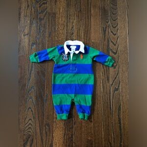 Ralph Lauren Boys 3M Green/Blue Stripe Rugby Collared Polo Long-Sleeve One Piece